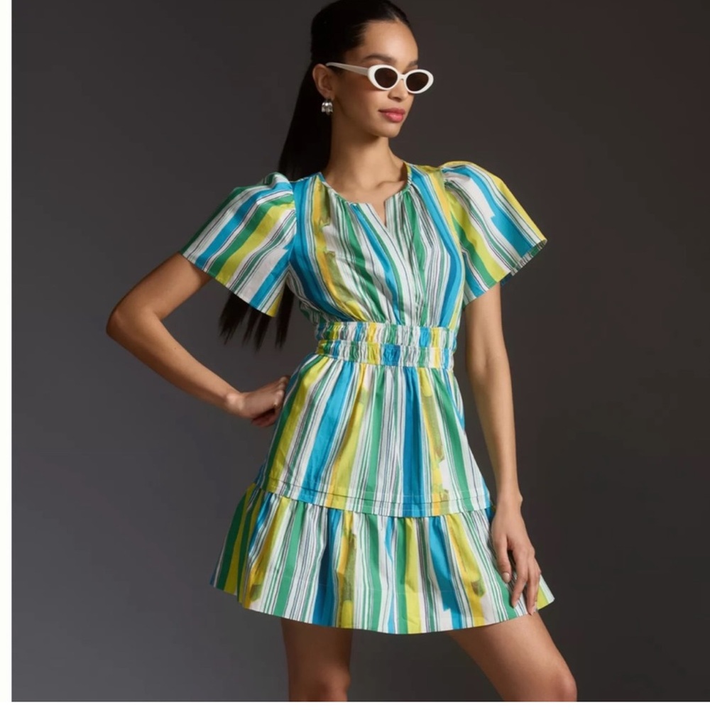 Anthropologie Striped Short-Sleeve Tiered Dress in Green, Blue & Yellow - Picture 3 of 3